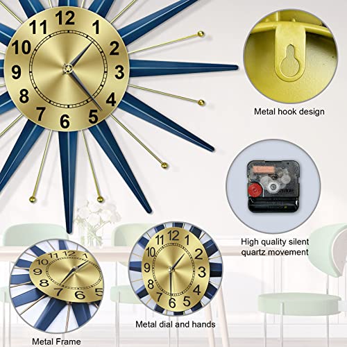 TOKTEKK 28 inch Mid Century Starburst Wall Clock, Battery Operated Large Metal Decorative Wall Clock, Modern Silent Wall Clock for Living Room Bedroom Kitchen Decor(Blue)