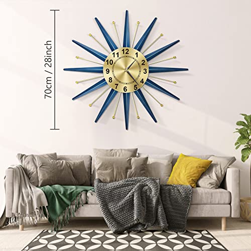 TOKTEKK 28 inch Mid Century Starburst Wall Clock, Battery Operated Large Metal Decorative Wall Clock, Modern Silent Wall Clock for Living Room Bedroom Kitchen Decor(Blue)