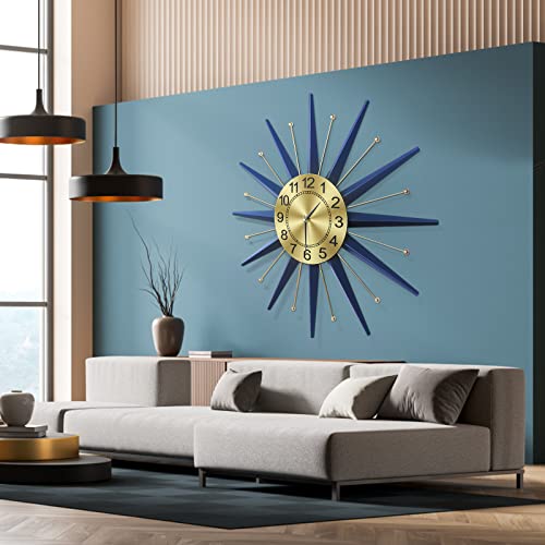 TOKTEKK 28 inch Mid Century Starburst Wall Clock, Battery Operated Large Metal Decorative Wall Clock, Modern Silent Wall Clock for Living Room Bedroom Kitchen Decor(Blue)