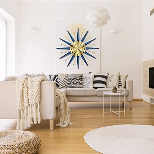 TOKTEKK 28 inch Mid Century Starburst Wall Clock, Battery Operated Large Metal Decorative Wall Clock, Modern Silent Wall Clock for Living Room Bedroom Kitchen Decor(Blue)
