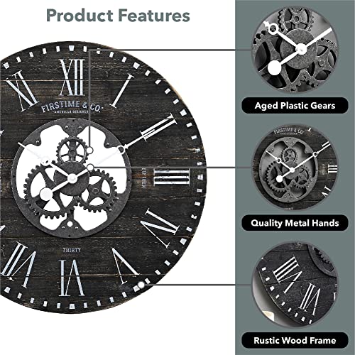 Black Shiplap Gears Farmhouse Wall Clock