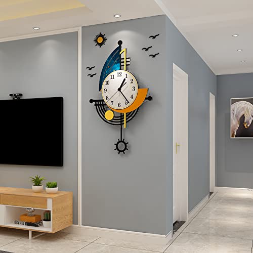 YISILE Modern Wall Clock Battery Operated 14 Inch Large Boat Design Pendulum Wall Clocks for Living Room Decor 3D Silent Clock Wall Decor Sticker Non Ticking for Bedroom Office Home Kitchen Decoration