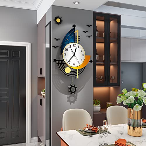YISILE Modern Wall Clock Battery Operated 14 Inch Large Boat Design Pendulum Wall Clocks for Living Room Decor 3D Silent Clock Wall Decor Sticker Non Ticking for Bedroom Office Home Kitchen Decoration