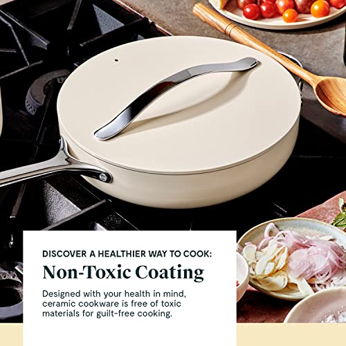 Caraway Nonstick Ceramic Cookware Set (12 Piece) Pots, Pans, Lids and Kitchen Storage - Non Toxic, PTFE & PFOA Free - Oven Safe & Compatible with All Stovetops (Gas, Electric & Induction) - Cream