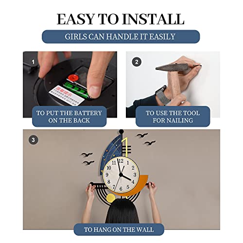 YISILE Modern Wall Clock Battery Operated 14 Inch Large Boat Design Pendulum Wall Clocks for Living Room Decor 3D Silent Clock Wall Decor Sticker Non Ticking for Bedroom Office Home Kitchen Decoration