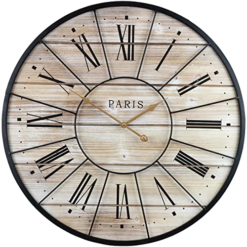 Sorbus Paris Wall Clocks for Living Room Décor, Decorative Wall Clock for Kitchen, Parisian French Country Rustic Large Modern Farmhouse Decor Ideal Analog Wood Metal Clock, 24” Round