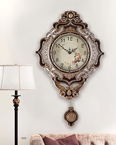 Wall Clock, Silent Non-Ticking, Easy to Read, 14 Inch Alloy Material Retro Royal Style with Swinging Pendulum, Decorative for Living, Dining, Kitchen Bedroom