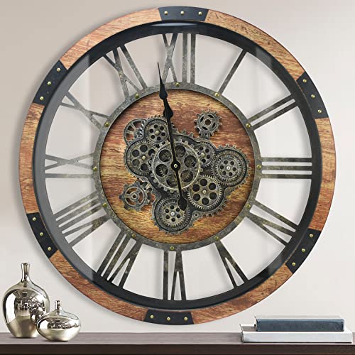 Large Wall Clocks for Living Room Decor 27 Inch Wall Clocks Battery Operated Wall Clock Vintage with Moving Gears Oversized Big Rustic Wood Wall Clocks for Kitchen Office (Deep Brown and Bronze Gears)