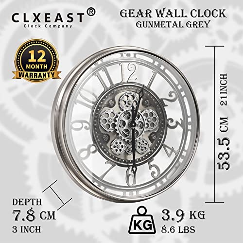 CLXEAST Large Wall Clock with Real Moving Gears, Industrial Steampunk Decor Decorative Big Modern Metal Silent Clock for Living Room Decor, Office, Arabic Numerals, Gunmetal Silver (21 Inch)