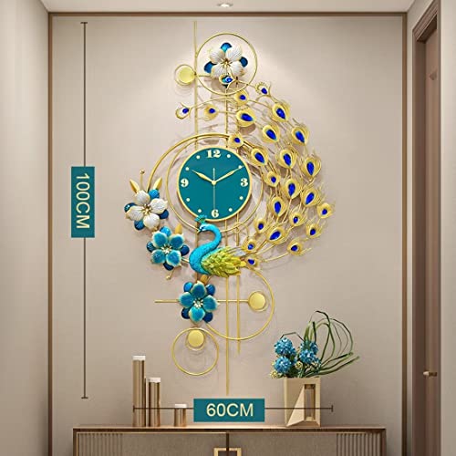 Large Peacock Wall Clock for Living Room Decor 39.4 Inch Metal Silent Modern Luxury Art Big Wall Clock Decorative Elegant Gold Wall Clock