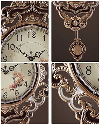 Wall Clock, Silent Non-Ticking, Easy to Read, 14 Inch Alloy Material Retro Royal Style with Swinging Pendulum, Decorative for Living, Dining, Kitchen Bedroom
