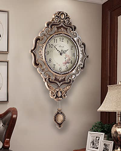 Wall Clock, Silent Non-Ticking, Easy to Read, 14 Inch Alloy Material Retro Royal Style with Swinging Pendulum, Decorative for Living, Dining, Kitchen Bedroom