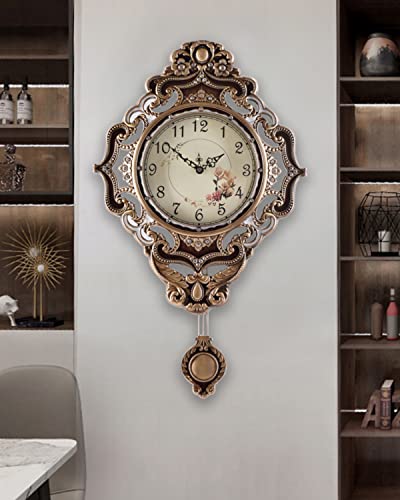 Wall Clock, Silent Non-Ticking, Easy to Read, 14 Inch Alloy Material Retro Royal Style with Swinging Pendulum, Decorative for Living, Dining, Kitchen Bedroom