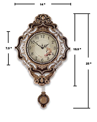 Wall Clock, Silent Non-Ticking, Easy to Read, 14 Inch Alloy Material Retro Royal Style with Swinging Pendulum, Decorative for Living, Dining, Kitchen Bedroom