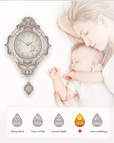 Wall Clock, Silent Non-Ticking, Easy to Read, 14 Inch Alloy Material Retro Royal Style with Swinging Pendulum, Decorative for Living, Dining, Kitchen Bedroom