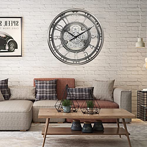 CLXEAST Large Wall Clock with Real Moving Gears, Industrial Steampunk Decor Decorative Big Modern Metal Silent Clock for Living Room Decor, Office, Arabic Numerals, Gunmetal Silver (21 Inch)