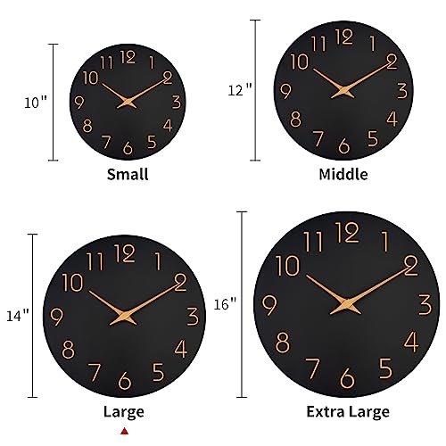 Mosewa Wall Clock 14 Inch Black Wall Clocks Battery Operated Silent Non-Ticking - Simple Minimalist Rose Gold Numbers Clock Decorative for Bedroom,Living Room, Kitchen,Home,Office(14" Black)
