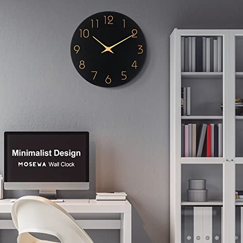 Mosewa Wall Clock 14 Inch Black Wall Clocks Battery Operated Silent Non-Ticking - Simple Minimalist Rose Gold Numbers Clock Decorative for Bedroom,Living Room, Kitchen,Home,Office(14" Black)