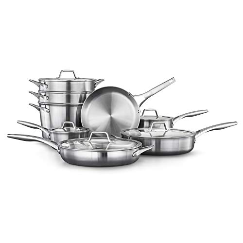 Calphalon 13-Piece Pots and Pans Set, Stainless Steel Kitchen Cookware with Stay-Cool Handles and Steamer Insert, Dishwasher Safe, Silver