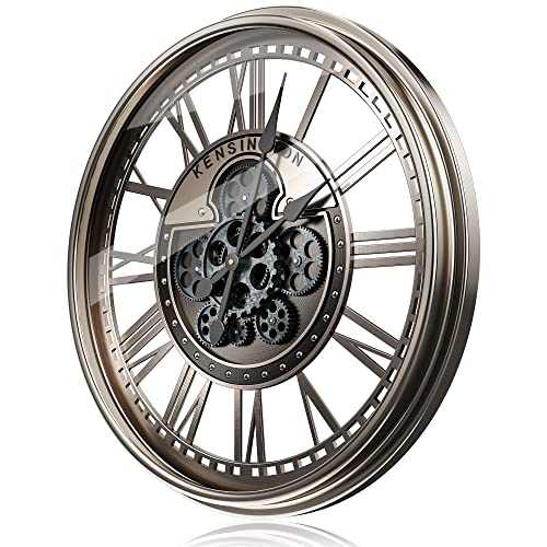 TOKTEKK 21 inch Large Wall Clock with Real Moving Gears, Battery Operated Modern Metal Decorative Oversize Industrial Steampunk Wall Clock for Living Room Decor（Vintage Grey Bronze）