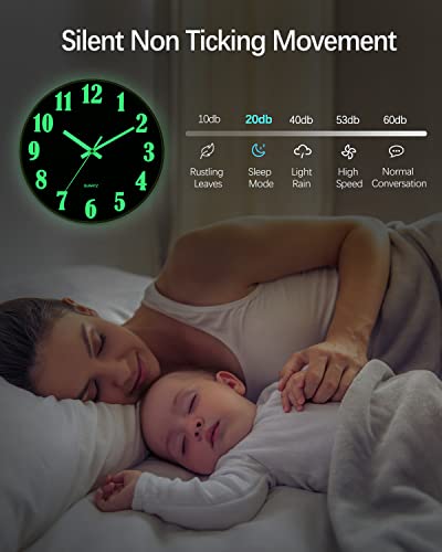 JoFomp Modern Night Light Wall Clock, 12 Inch Silent Non-Ticking Quartz Wall Clocks, Large Luminous Function Numbers and Hands, Battery Operated Decorative Wall Clock for Office, Kitchen, Living Room