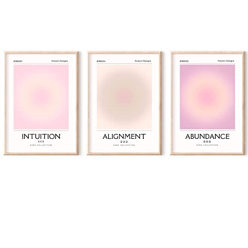 Positive Aura Angel Number Posters Set Of 3 Pink Trendy Grainy Gradient Poster Positive aura Canvas Wall Art Paintings for Room Aesthetic Inspirational Quotes Abstract Minimalist Y2k Style Room Wall Decor for Bedroom Office(16x24inx3 Unframed)