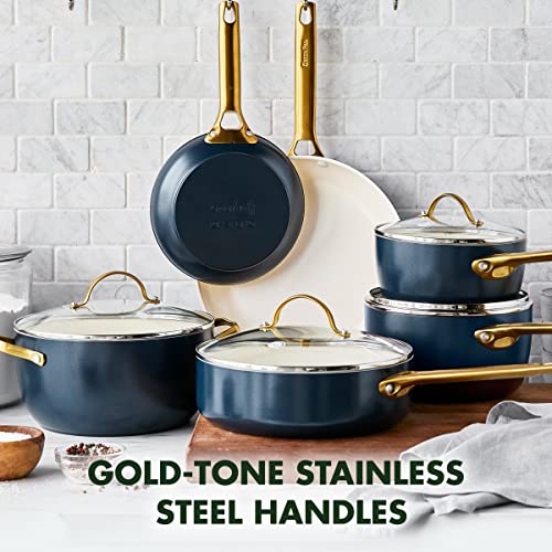 GreenPan Reserve Hard Anodized Healthy Ceramic Nonstick 10 Piece Cookware Pots and Pans Set, Gold Handle, PFAS-Free, Dishwasher Safe, Oven Safe, Twilight Blue