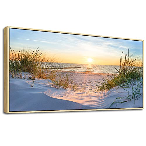 Sea Beach Framed Canvas Wall Art For Living Room Large Size Wall Decor For Bedroom Fashion Office Wall Decorations Sun Seascape Wall Painting Blue Ocean Pictures Artwork Natural Wood Framed 24" X 48"