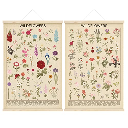 2 Pcs Vintage Wildflowers Hanging Poster Retro Botanical Wall Art Canvas Floral Plant Poster Cottagecore Wall Decor Vintage Botanical Prints for Room Bedroom Aesthetic Decors Frame, 15.8 x 23.6 Inch
