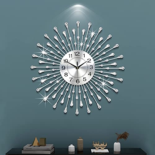 FLEBLE Modern Large Wall Clocks for Living Room Decor Big Silent Wall Clocks Battery Operated Quartz for Bedroom Office Kitchen House Metal 24 Inch Silver Round Clocks Wall Decorative for Home Indoor