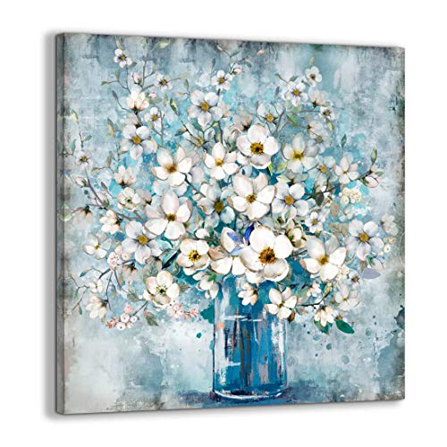 Wijotavic Bathroom Decor Canvas Wall Art - Long-Term Colorfast - Very Good Moisture Resistance & 14x14 Inches Blue and White Floral Picture Artwork Wall Decoration