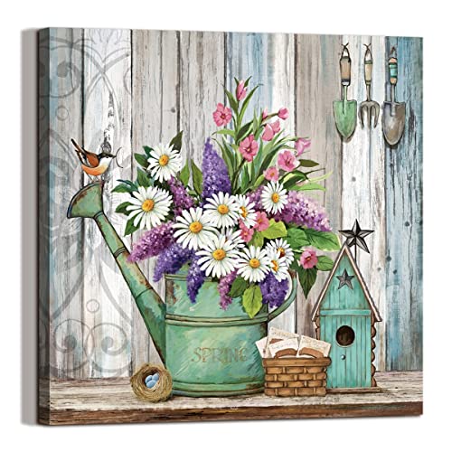 LAIART Farmhouse Decor Canvas Wall Art Lavender White Flowers Picture Vintage Wood Grain Modern Home Artwork