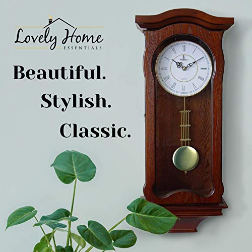 Pendulum Wall Clock Battery Operated - Hanging Grandfather Wall Clock with Pendulum - Quiet Wood Pendulum Clock - Decorative Wooden Wall Clock for Living Room Decor, Office & Home Décor Gift 23.5x9.75