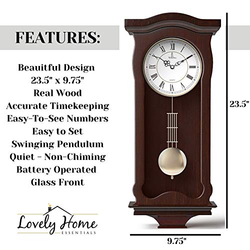 Pendulum Wall Clock Battery Operated - Hanging Grandfather Wall Clock with Pendulum - Quiet Wood Pendulum Clock - Decorative Wooden Wall Clock for Living Room Decor, Office & Home Décor Gift 23.5x9.75