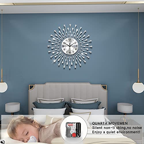 FLEBLE Modern Large Wall Clocks for Living Room Decor Big Silent Wall Clocks Battery Operated Quartz for Bedroom Office Kitchen House Metal 24 Inch Silver Round Clocks Wall Decorative for Home Indoor