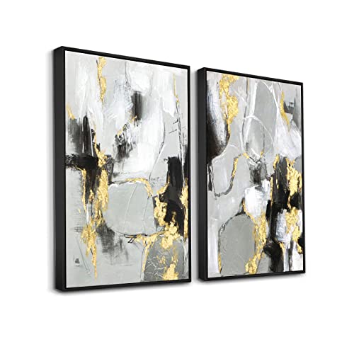 Zessonic Black Abstract Wall Art Decor - 2 Pack 24" x 36" Black and Gold Canvas Wall Decor with Hand Texture for Living Room, Bedroom, Office, Framed, Ready to Hang