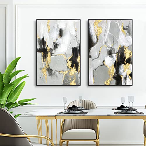 Zessonic Black Abstract Wall Art Decor - 2 Pack 24" x 36" Black and Gold Canvas Wall Decor with Hand Texture for Living Room, Bedroom, Office, Framed, Ready to Hang