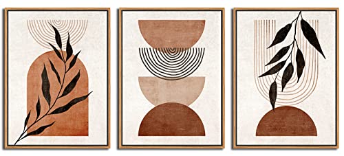 Framed Boho Wall Art Minimalist Botanical Canvas Picture, Retro Mid Century Bohemian Wall Decor Neutral Abstract Canvas Artwork Prints Living Room Bedroom Bathroom Home Office Decor 12" X 16" X 3
