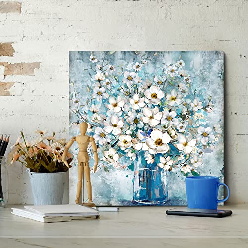 Framed Blue Flower Canvas Wall Art 14x14
