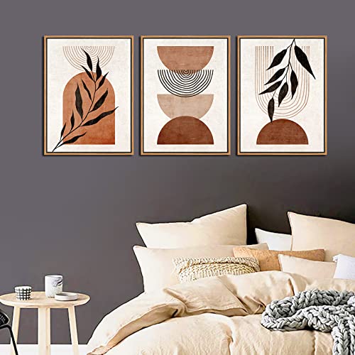 Framed Boho Wall Art Minimalist Botanical Canvas Picture, Retro Mid Century Bohemian Wall Decor Neutral Abstract Canvas Artwork Prints Living Room Bedroom Bathroom Home Office Decor 12" X 16" X 3