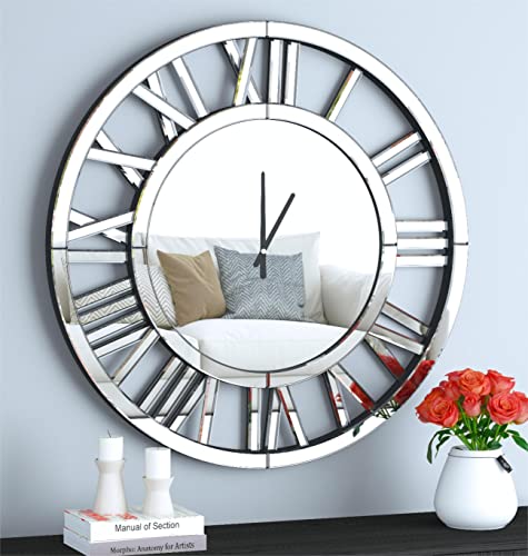 SHYFOY 32" Large Wall Clocks Living Room Decor- Acrylic Mirror Finish, Modern Decorative Kitchen Wall Clocks, Roman Numerals 3D Frameless Silver Wall Decor Big Clock Battery Operated