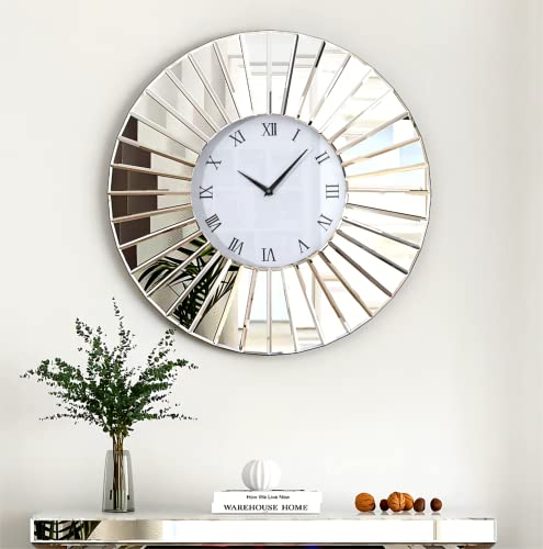 SHYFOY Decorative Wall Clocks for Living Room Decor - Modern Wall Clock Mirrored Finish Fan Frame, 24" Sparkly Large Round Clock Silver Wall Decor for Office Bedroom Kitchen Decor