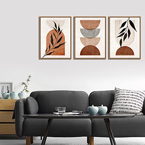 Framed Boho Wall Art Minimalist Botanical Canvas Picture, Retro Mid Century Bohemian Wall Decor Neutral Abstract Canvas Artwork Prints Living Room Bedroom Bathroom Home Office Decor 12" X 16" X 3