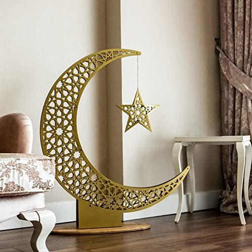 iwa concept Metal Crescent Moon and Star | Islamic Decoration for Home | Ramadan Decor | Ramadan Mubarak | Eid Gifts | Islamic Wall Art | (102 x 86 cm | 40.2 x 33.9 inches | Large)