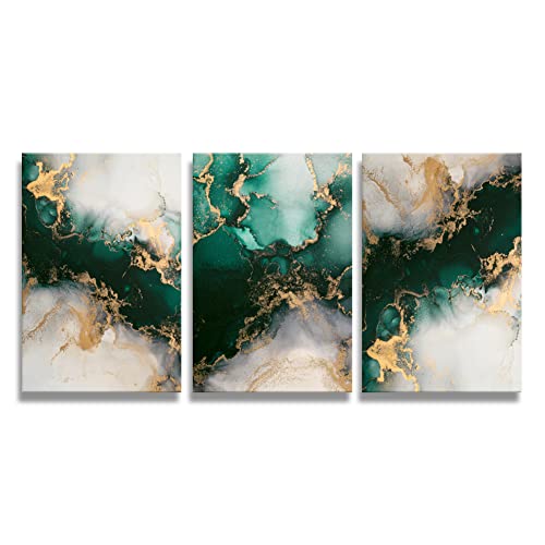 Emerald Green Wall Art,for Dining Room Bedroom Bathroom Living Room Wall Decor, Green and Gold Abstract Canvas Wall Art, Modern Glam Home Office Wall Decoration 16" X 24" X 3 Pieces