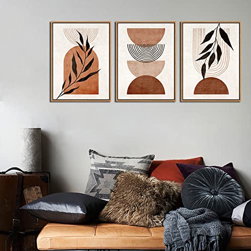 Framed Boho Wall Art Minimalist Botanical Canvas Picture, Retro Mid Century Bohemian Wall Decor Neutral Abstract Canvas Artwork Prints Living Room Bedroom Bathroom Home Office Decor 12" X 16" X 3