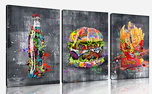 Banksy Canvas Wall Art for Living Room, Modern Wall-Art for Bedroom, Street Art Graffiti Hamburg Cola French Fries Print Painting, Funny Wooden Decor, Stretched and Framed Ready to Hang Size 12x16x3P