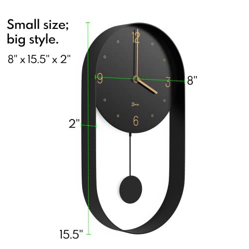Driini Modern Pendulum Wall Clock - Decorative and Unique Metal Frame, with 8 Inch Face - Contemporary, Minimalist Design, with Silent Battery Operation - Includes Both Black and Gold Pendelum
