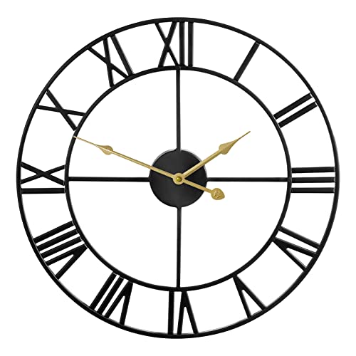 Large Wall Clock Metal Retro Roman Numeral Clock, Modern Round Wall Clocks Almost Silent, Easy to Read for Living Room/Home/Kitchen/Bedroom/Office/School Decor (Black, 16 Inch)
