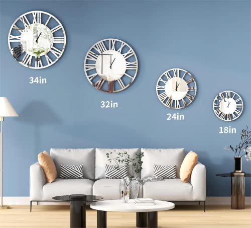 SHYFOY 32" Large Wall Clocks Living Room Decor- Acrylic Mirror Finish, Modern Decorative Kitchen Wall Clocks, Roman Numerals 3D Frameless Silver Wall Decor Big Clock Battery Operated